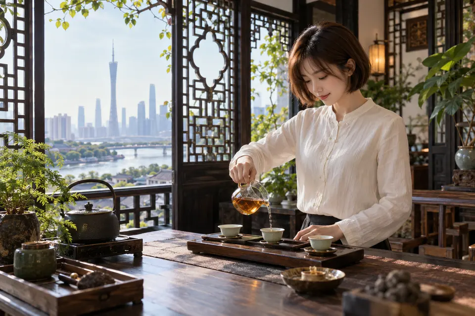 岭南花窗空间中的公道杯分茶示意