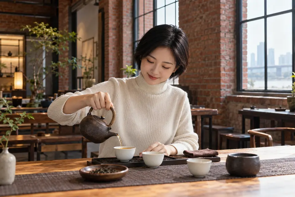 红砖改造空间内以陶壶倒茶的细节示意